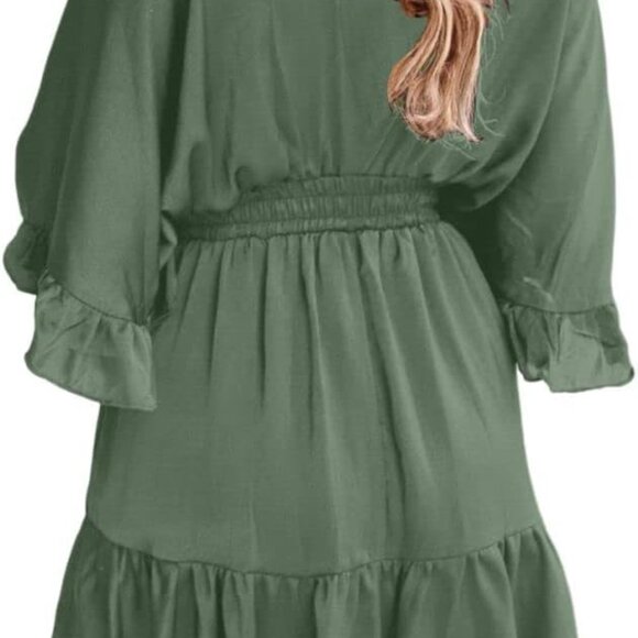 Womens V Neck Casual Dresses Summer Loose High Waist Ruffle Pleated Cute Mini Sh - Picture 3 of 5